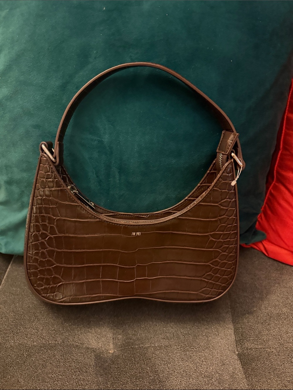 JW PEI Dark Brown Croc-Embossed Shoulder Bag - Picture 1 of 3